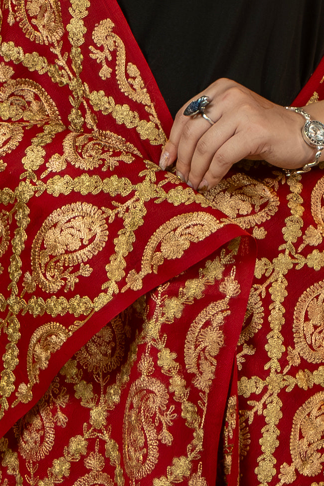 Aari Embroidered Red Poly Wool Stole For Women